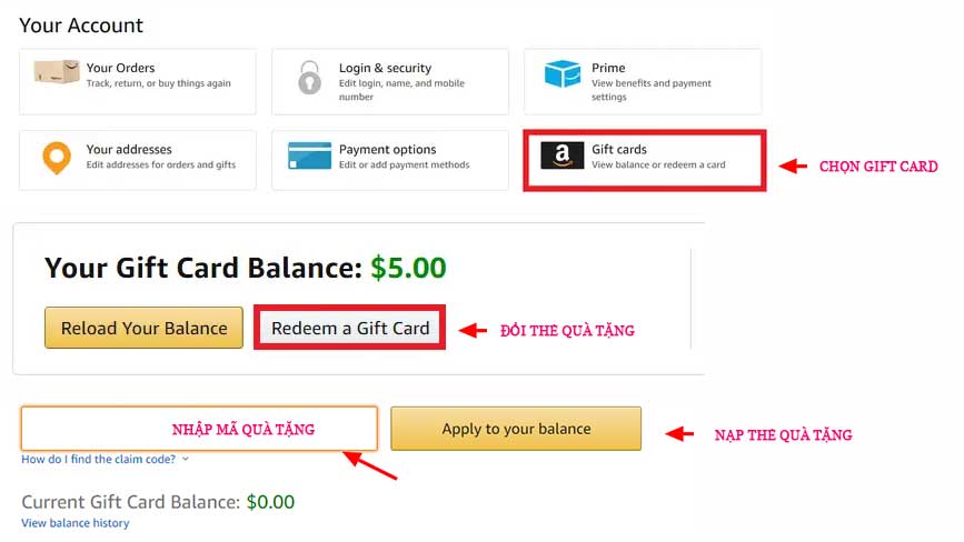 Các bước nạp tiền trong gift card vào tài khoản Amazon